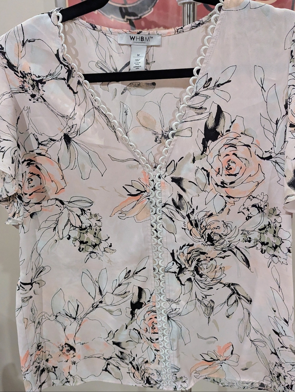 WHBM Floral Pom-Pom Trim Flutter Sleeve Blouse - Size M $20 Blush Floral
